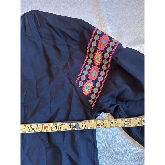 Solitaire Folklore Embroidered Peasant Blouse Small Black Tunic Top Boho Trendy - Picture 6 of 7